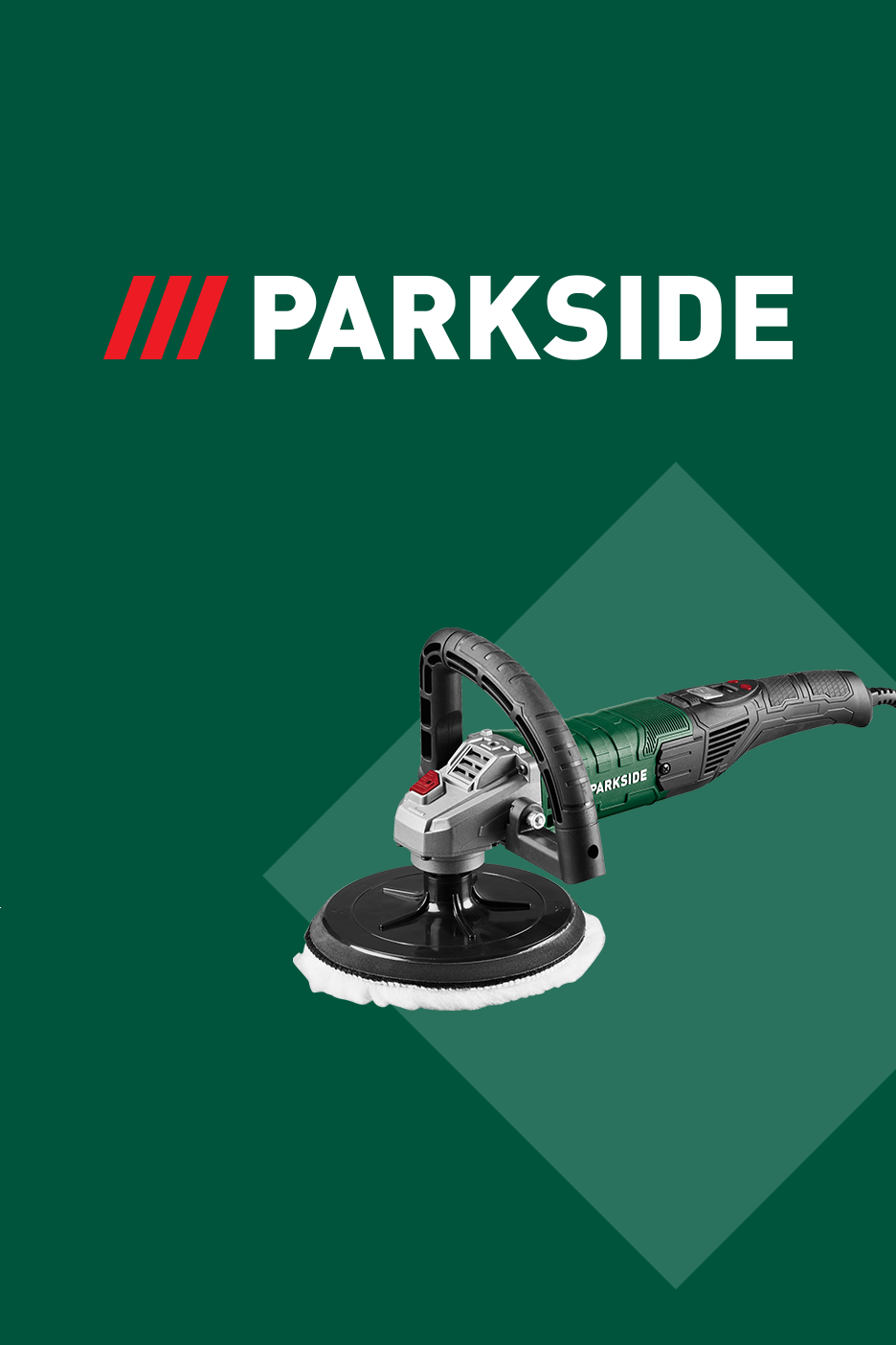 Rohelisel taustal poleerimismasin valge logoga.