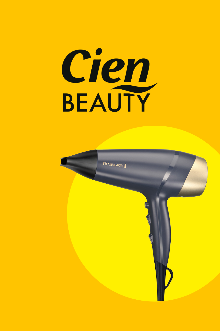 Cien Beauty logo ja tume föön kollasel taustal
