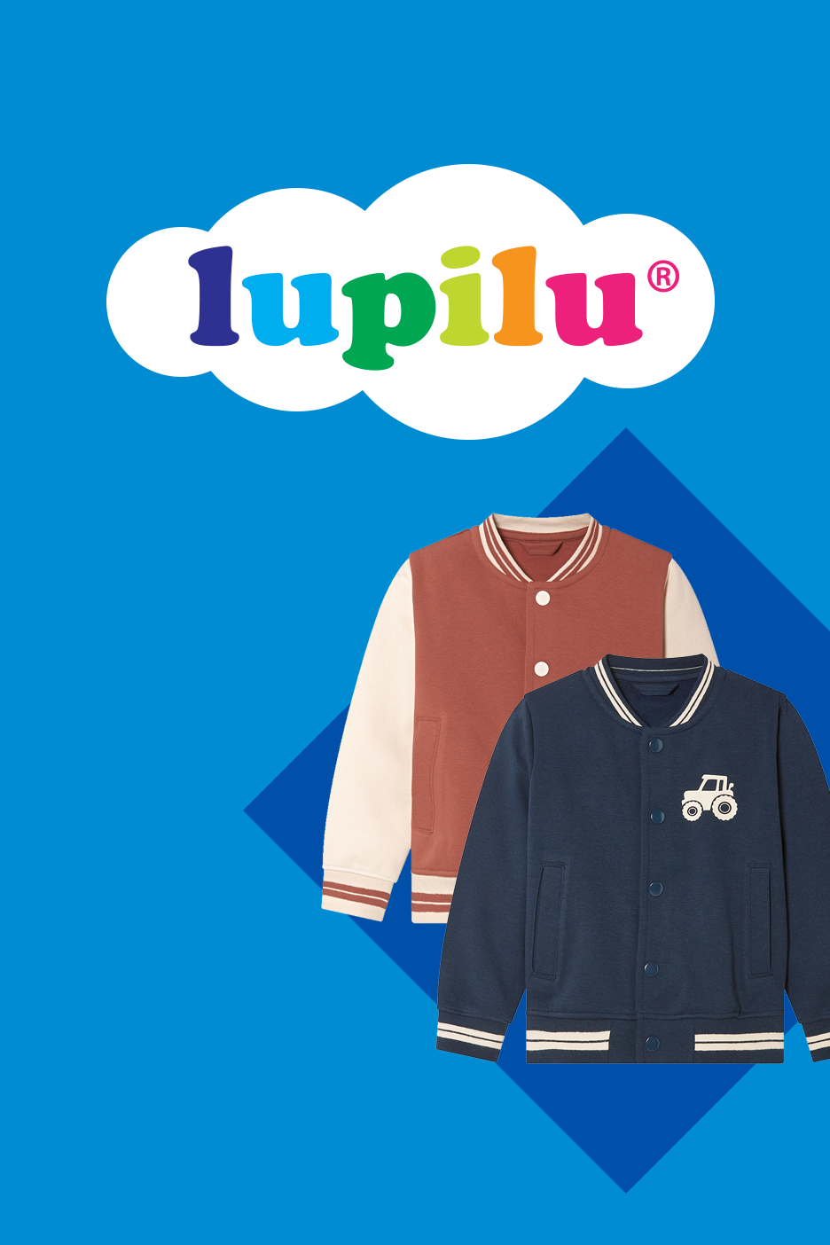 Kaks laste pesapallijakki: pruun valgete varrukatega ja tumesinine traktori tikandiga