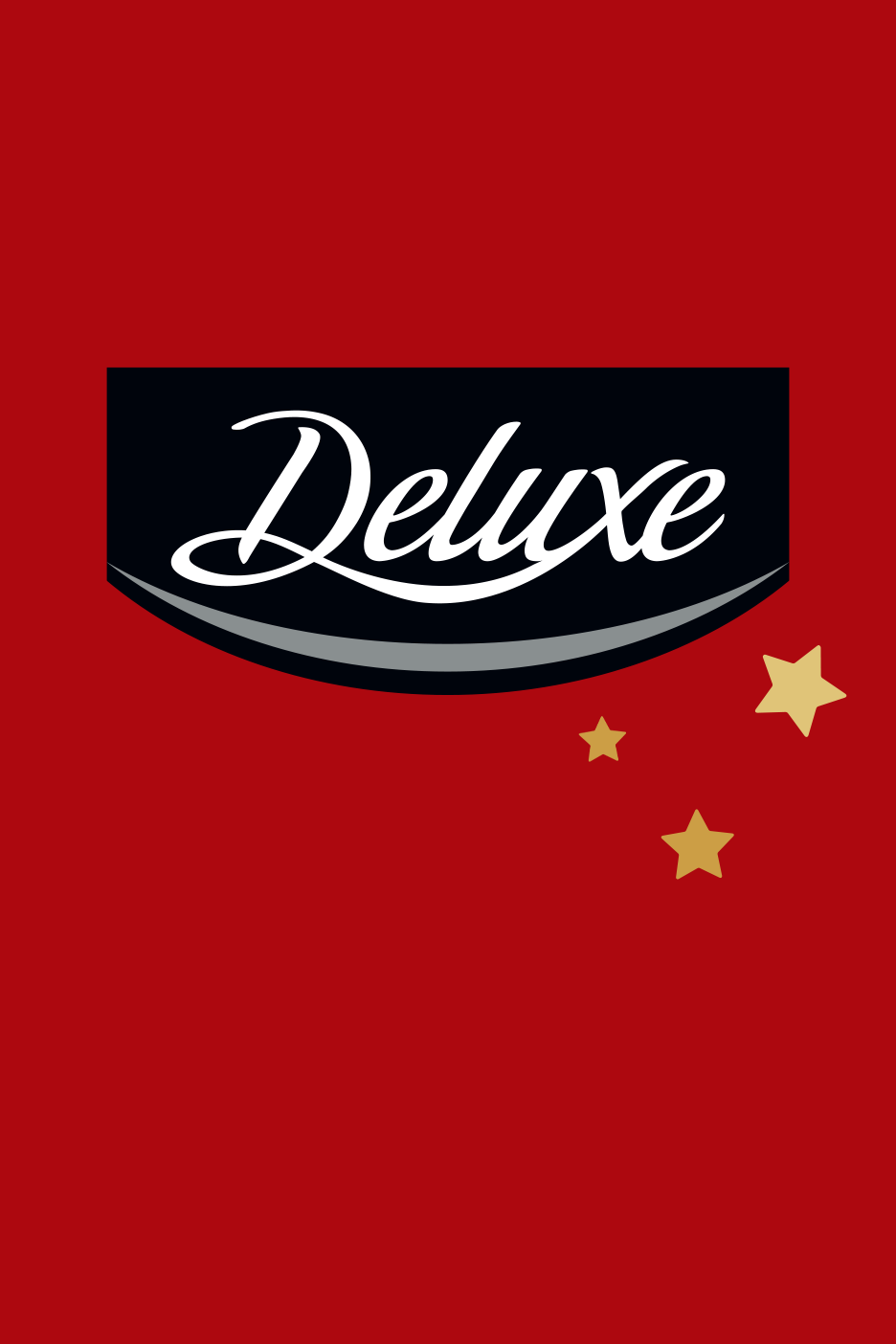 Deluxe logo punasel taustal kuldsete tähtedega