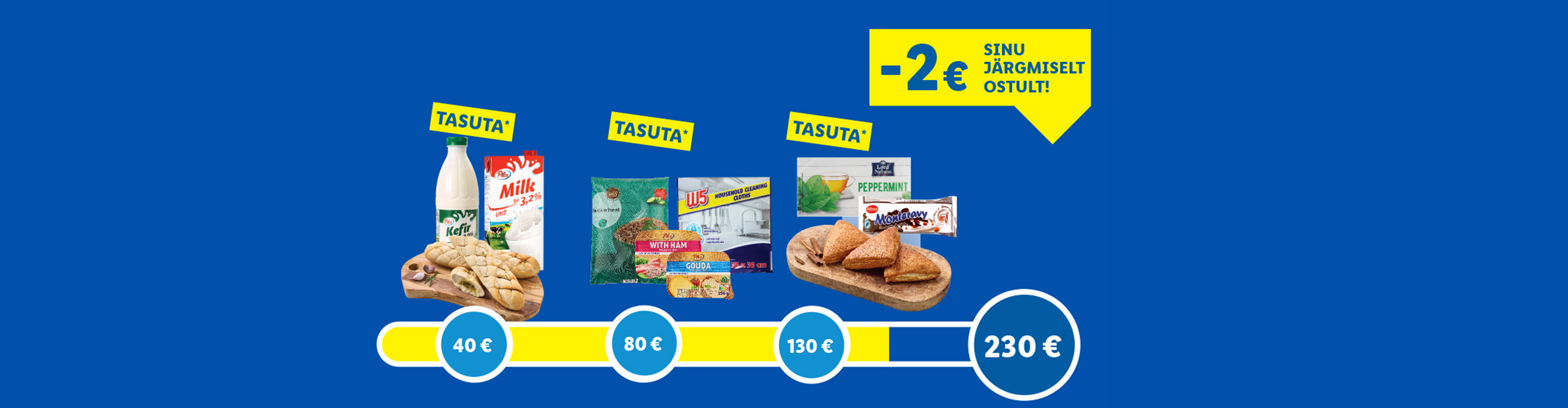 Reklaambänner piimatoodete, toidukaupade, majapidamistarvete ja küpsetistega, pakkudes allahindlusi.