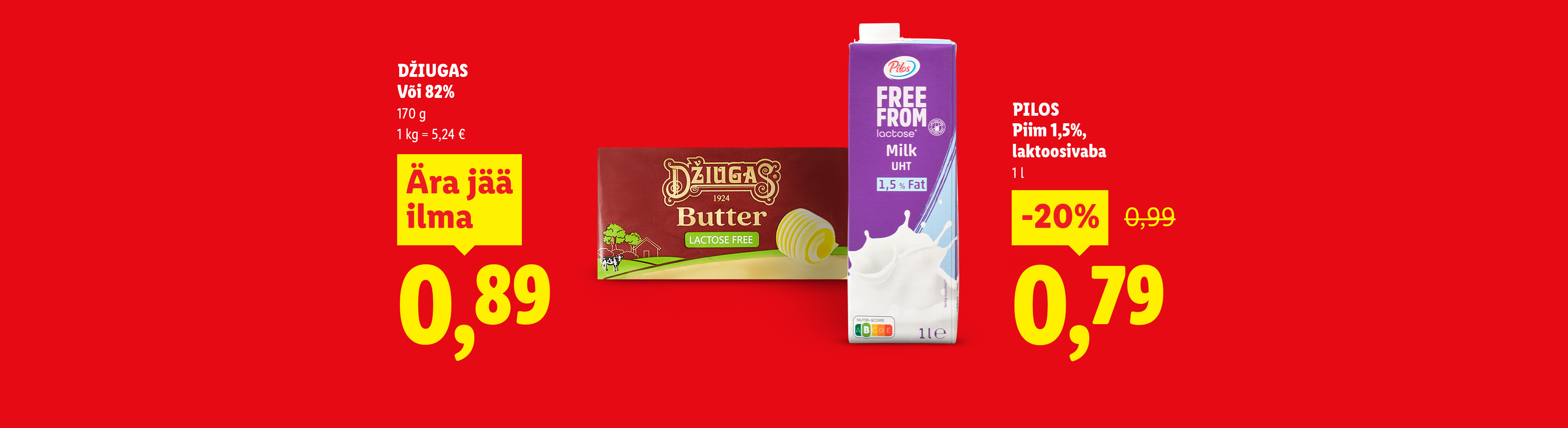 Või ja laktoosivaba piima pakkumine punasel taustal.