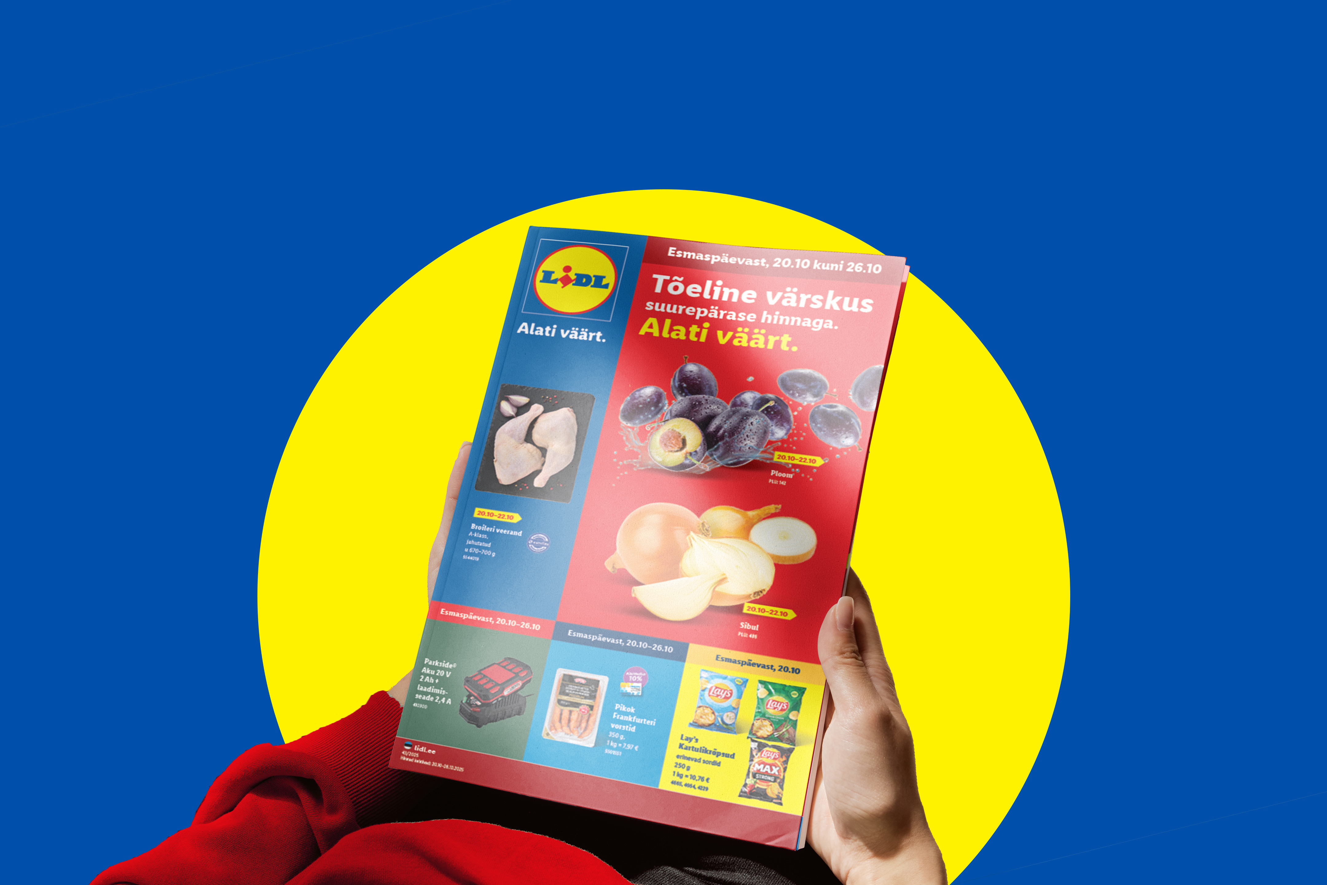 Lidli reklaamleht kana, ploomide, sibulate, krõpsude ja vorstidega, sinisel taustal.