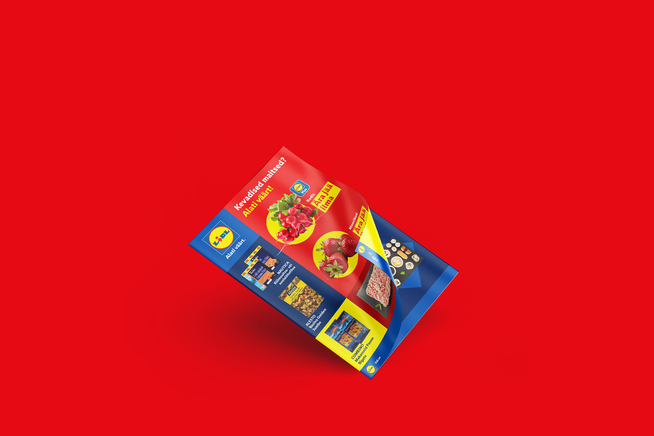 Lidl'i kevadiste maitsete flaier, mis sisaldab rediseid, maasikaid, lõhefileed, rosinaid ja makarone.