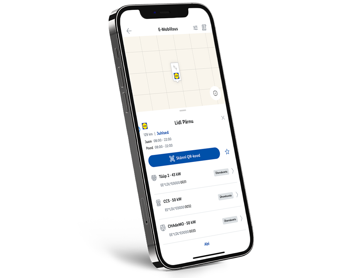 Мобильное приложение E-Mobiilsus показывает информацию о зарядных станциях Lidl в Пярну.