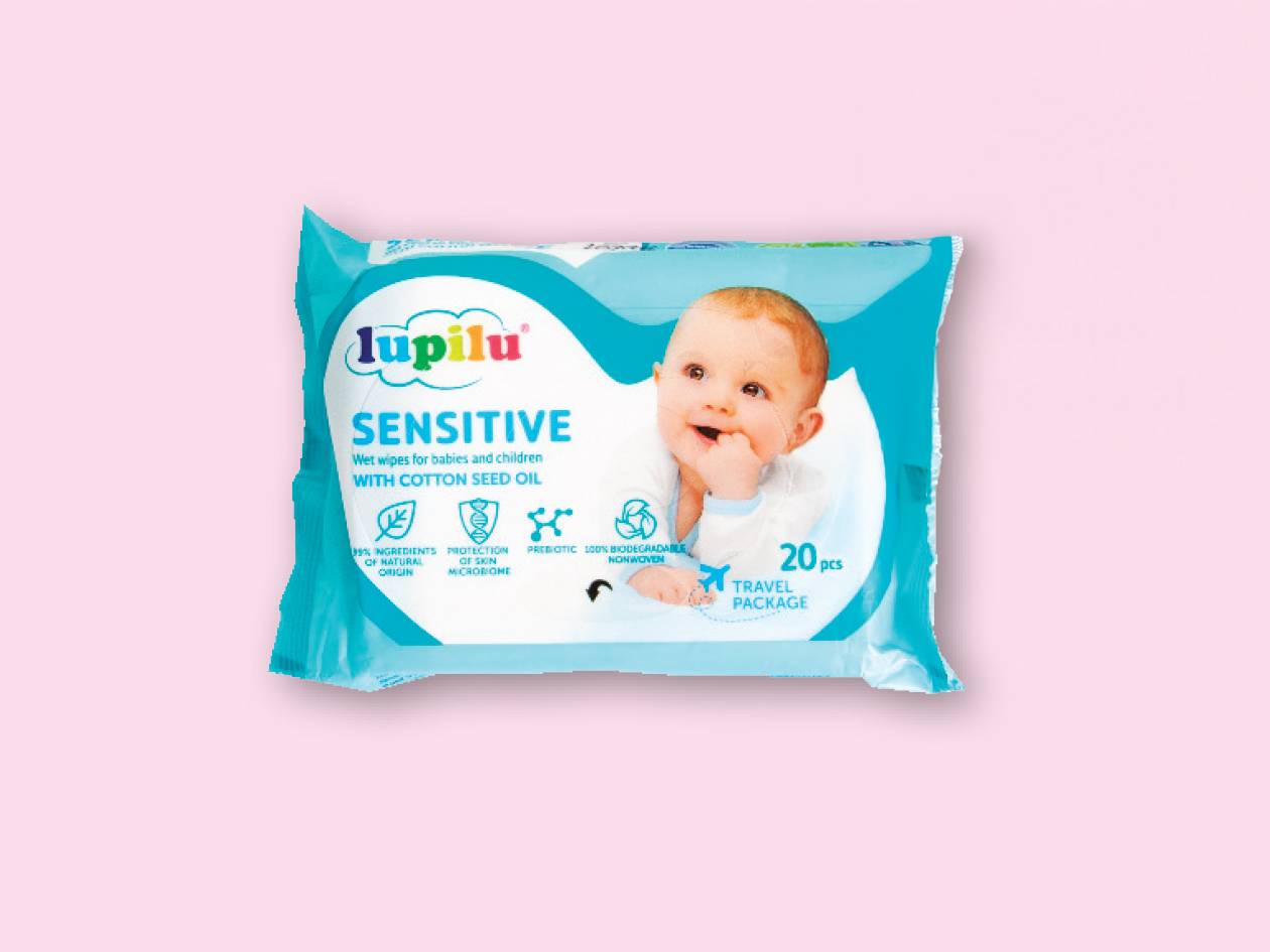 Lupilu Sensitive - beebi- ja lastemärgsalvrätikud puuvillaõliga, 20 tk.