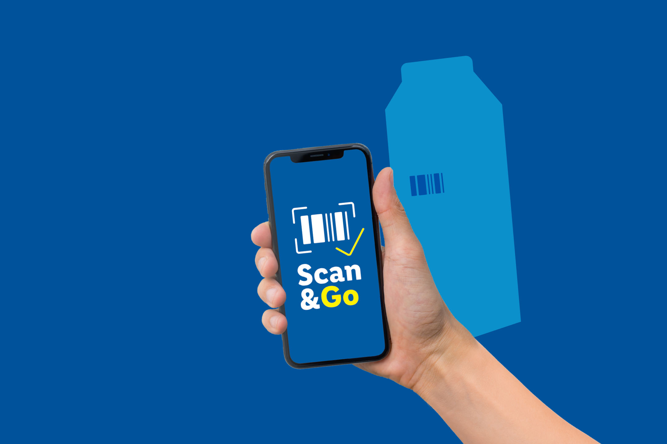 Рука держит смартфон с приложением Scan & Go, на синем фоне силуэт продукта.