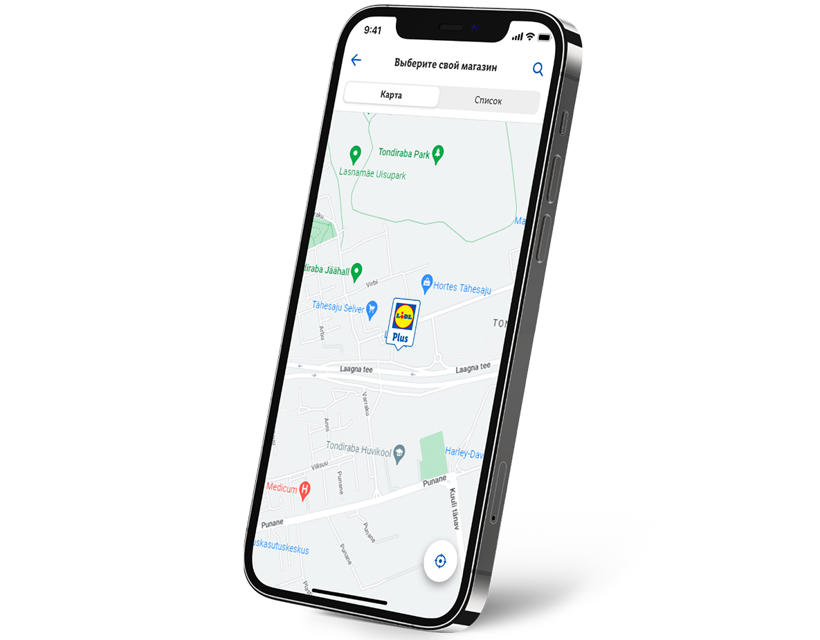 Мобильное приложение с картой, показывающее расположение магазинов Lidl.