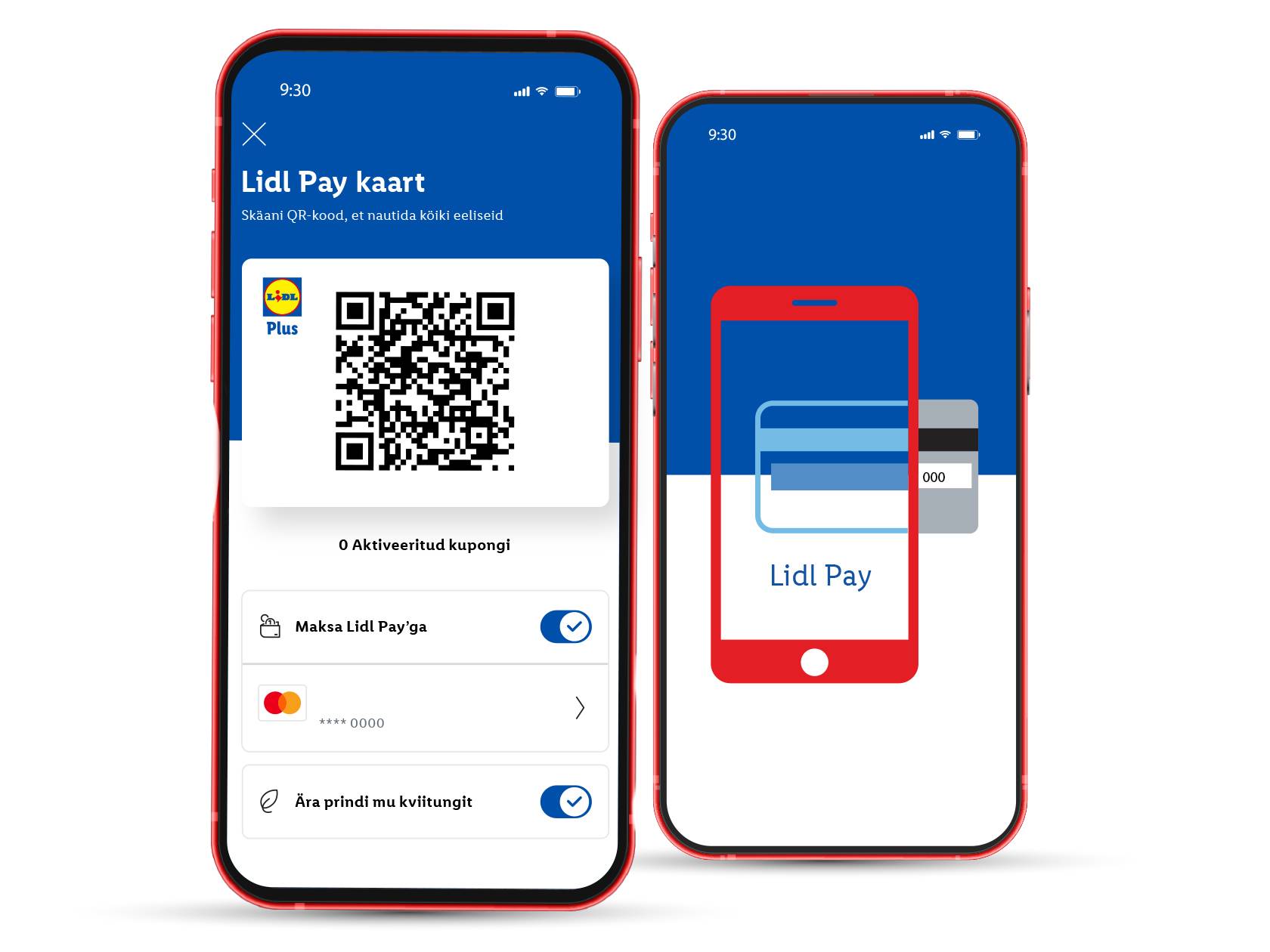 Kaks nutitelefoni ekraani, mis näitavad mobiilimaksete ja lojaalsusprogrammi rakendust.